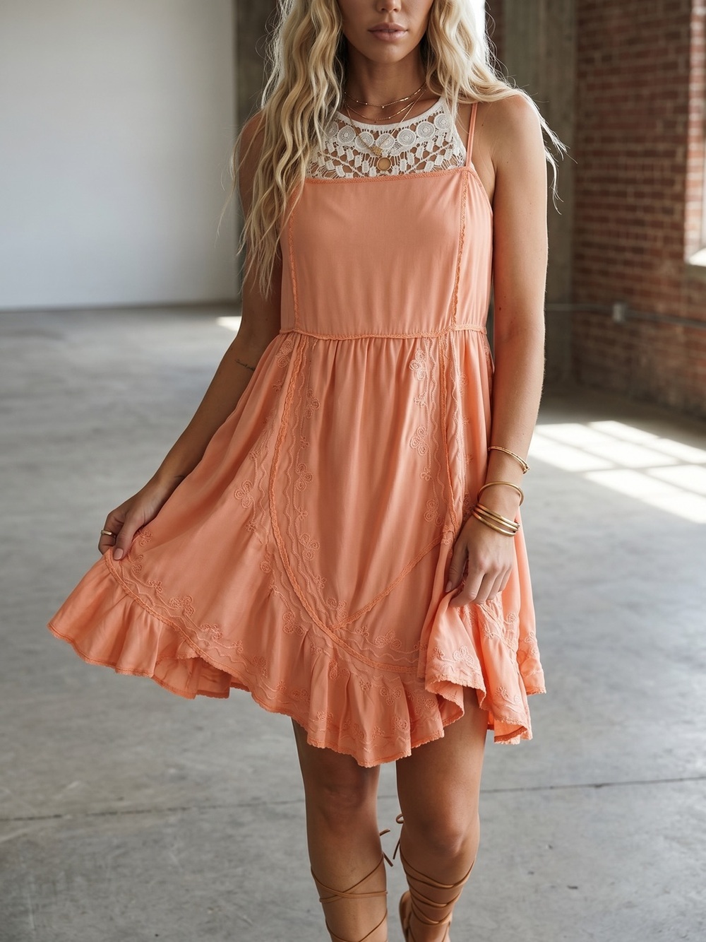 NWT POL Boho Embroidered Asymmetrical Coral Orange Dress - Picture 4 of 11